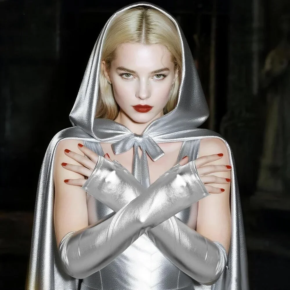 Women's Long Metallic Shiny Fingerless Gloves Silver Party Halloween Costume
